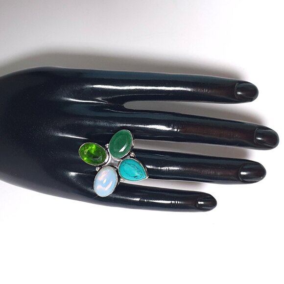 Bold Vintage Sterling Silver Multi-Gemstone Floral Cluster Statement Ring - Picture 3 of 15